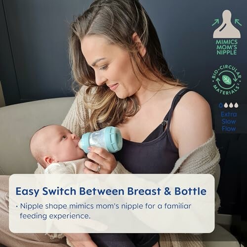 Mother feeding baby with bottle, easy switch between breast and bottle.